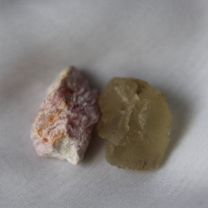 Rhodochrosite and Bytownite raw crystal duet - Song of Stones