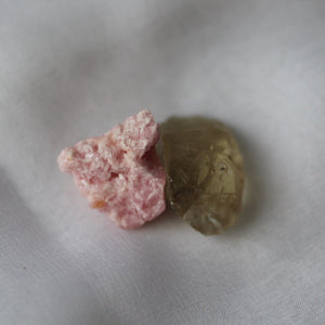 Rhodochrosite and Bytownite raw crystal duet - Song of Stones