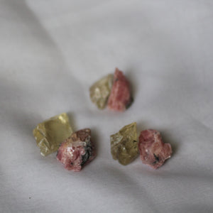 Rhodochrosite and Bytownite gem crystal duet - Song of Stones
