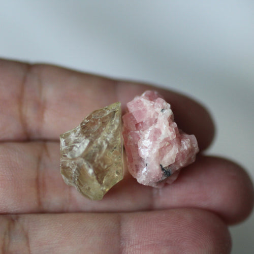 Rhodochrosite and Bytownite gem crystal duet - Song of Stones