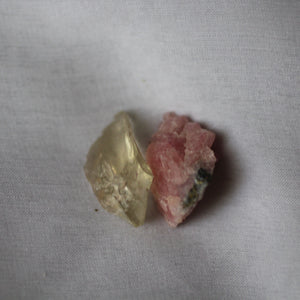 Rhodochrosite and Bytownite gem crystal duet - Song of Stones