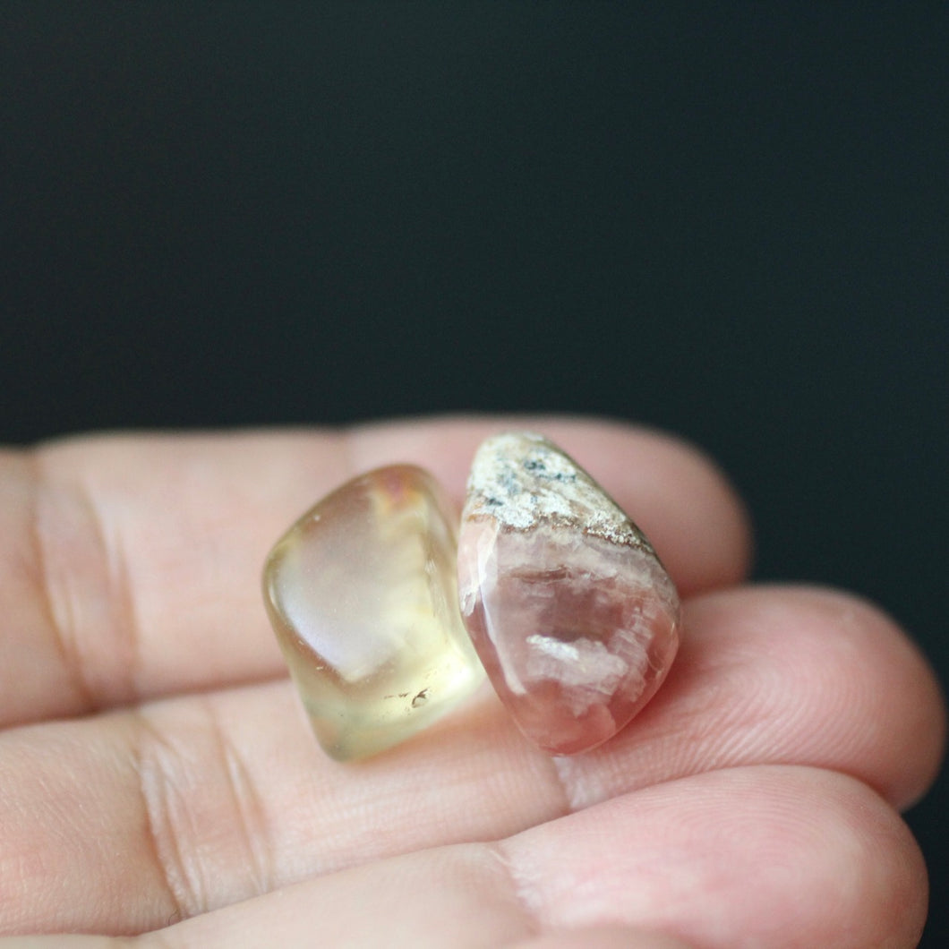 Rhodochrosite and Bytownite tumbled crystal duet - Song of Stones
